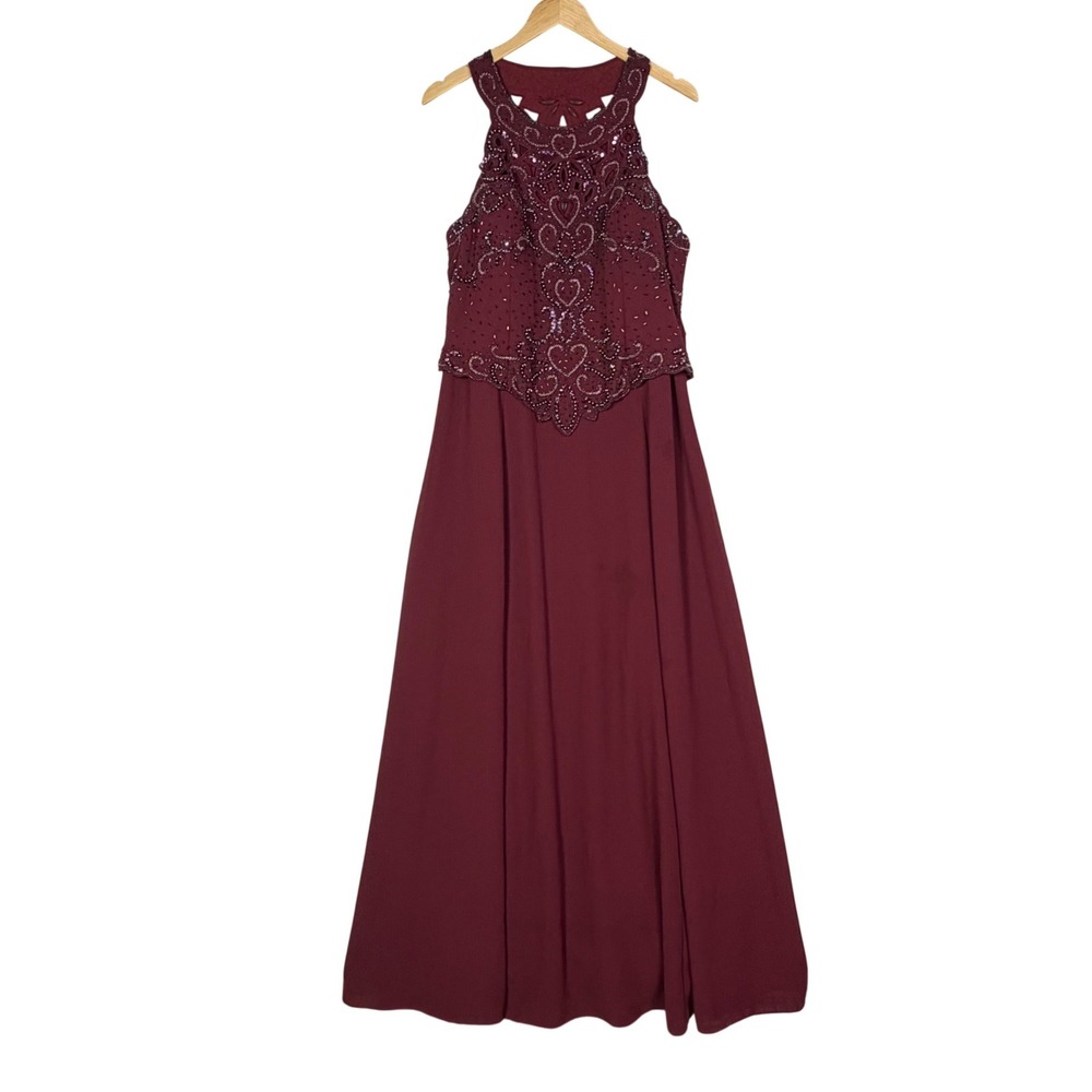 Fiesta Womens‎ 2XL Maroon Solid Gown Beaded Sequin Halter Formal Evening Dress
